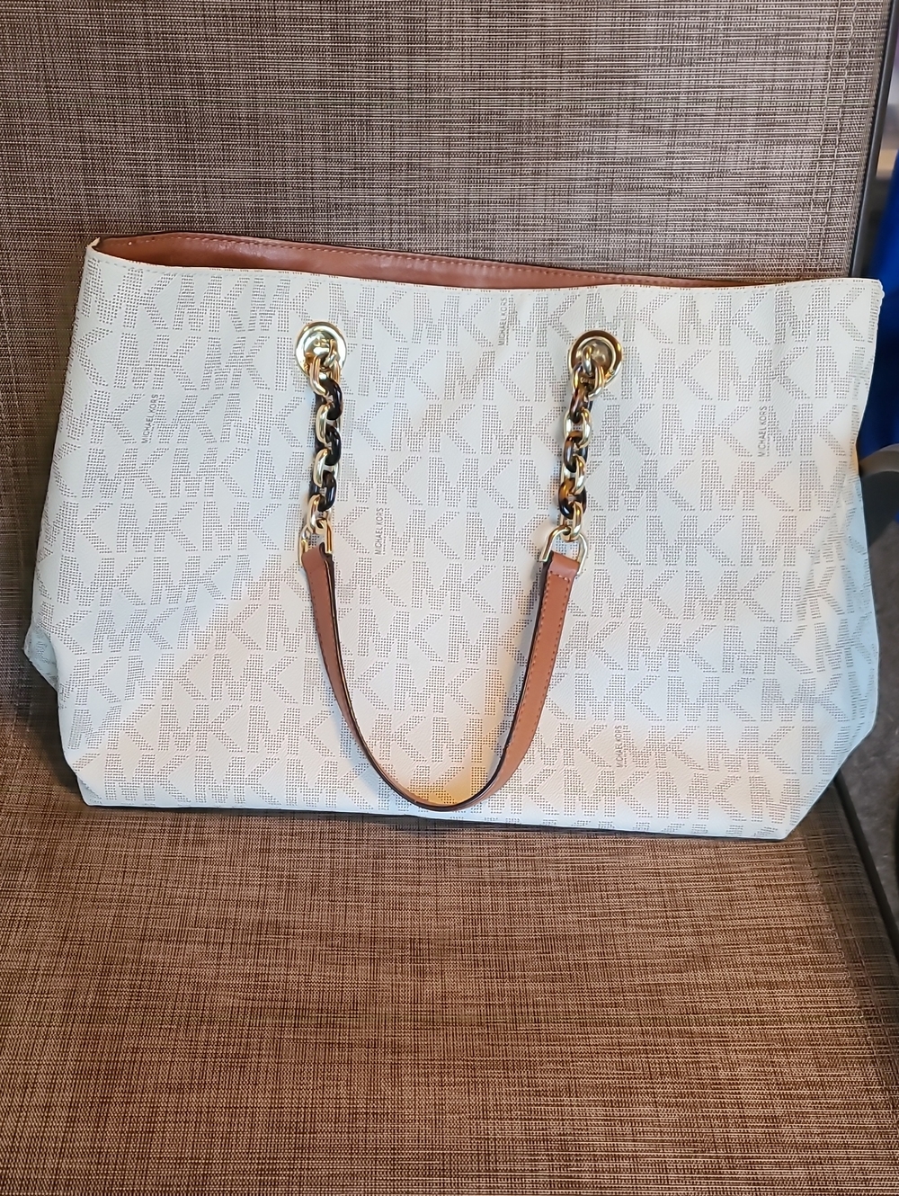 Michael Kors White MK Logo Tote with Tan Trim and Gold Chain Handles